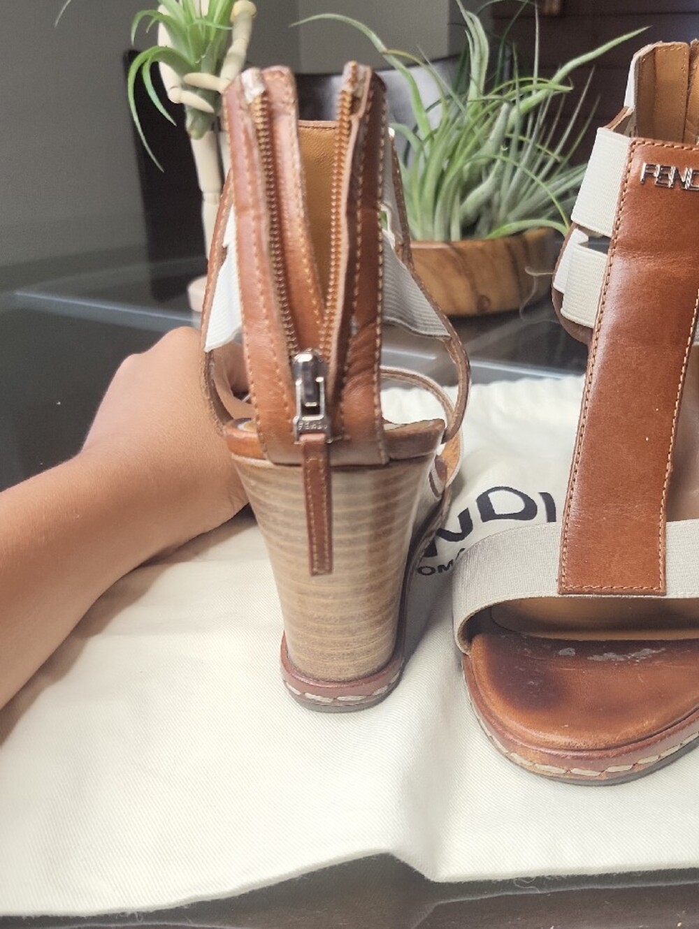 Fendi Brown & Cream Leather Wedge Sandals - Picture 6 of 11